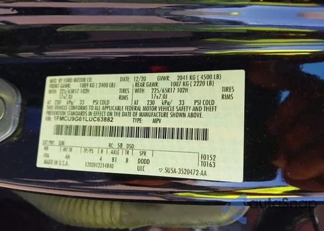 2020 Ford Escape Se z USA, uszkodzony, nr VIN 1FMCU9G61LUC63882